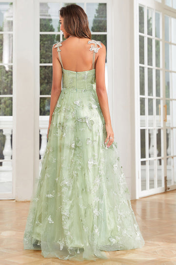 Linea A verde corsetto lungo abito da ballo di tulle con applique